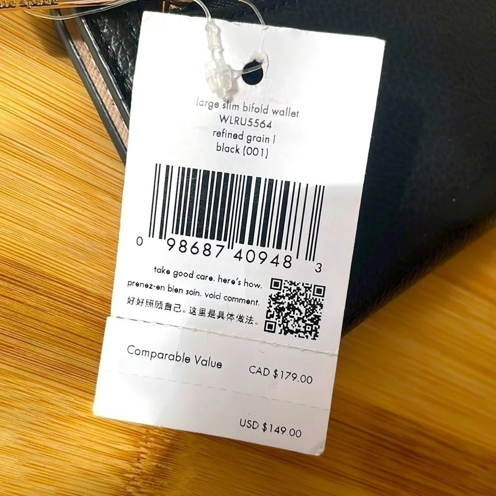 Brand New Kate Spade Genuine Leather Large Slim Bifold Black Wallet